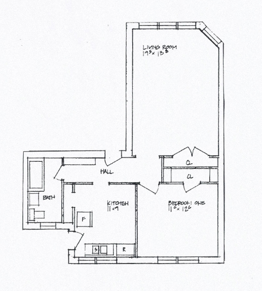 Floor plan for 1 bed, 1 bath, 750 sqft